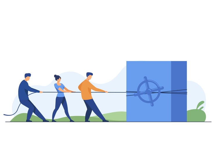 Vettore gratuito squadra che attrae investimenti e capitali. la gente che tira la corda, cassaforte d'acciaio, illustrazione piana di vettore dei soldi. finanza, risparmio, concetto di profitto