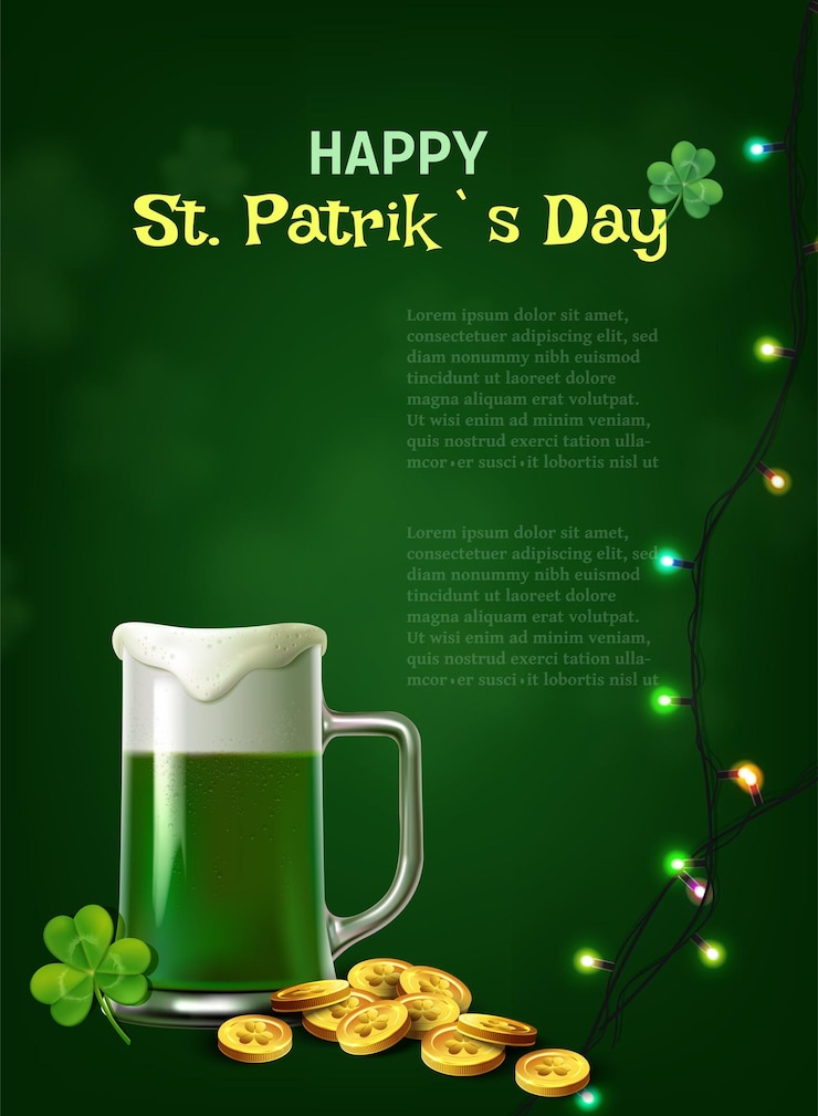 Vettore gratuito st patrick's day banner illustrazione vettoriale realistica birra verde con monete dorate e chamrock r