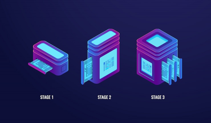 Stage di aggiornamento o piano tariffario, server web hosting, passi di progresso tecnologico