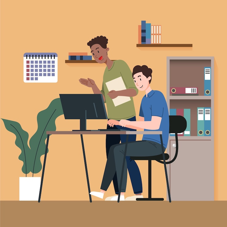 Vettore gratuito stagista illustrato che riceve consigli dal team leader