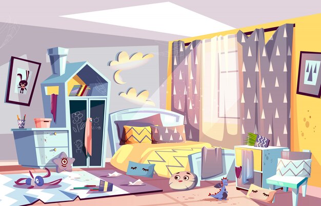 Stanza da letto disordinata di bambino pigro con giocattoli sparsi