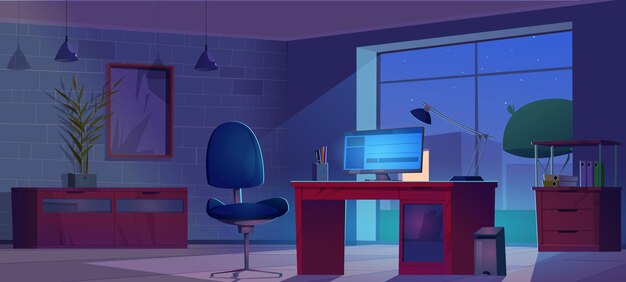 Stanza oscura interna dell'home office di notte per freelance