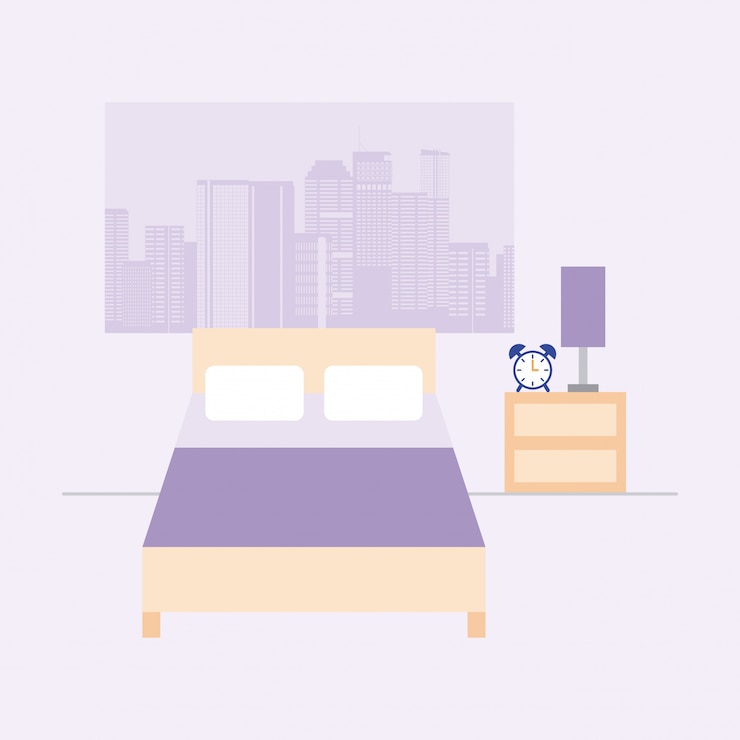 Vettore gratuito stanza vuota con letto e finestra con vista sulla città, stile piano