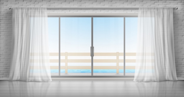 Stanza vuota con porta a vetri su balcone e tende