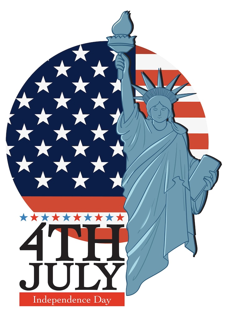 Vettore gratuito statua della libertà con la bandiera americana sullo sfondo