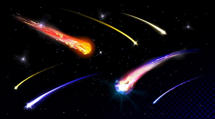 Vettore gratuito stelle comete che sparano nel cielo stellato o nello spazio profondo che cadono con meteoriti della scia di fuoco sulla parete della galassia con esplosioni di meteore di palla di fuoco di trasparenza nell'illustrazione realistica del cosmo
