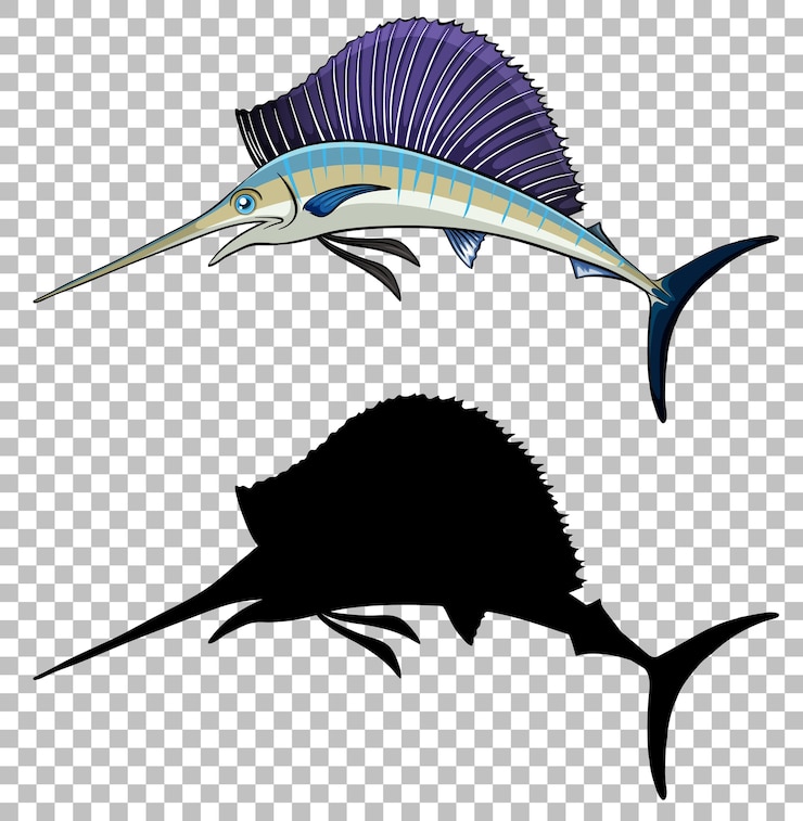 Vettore gratuito stile cartone animato pesce spada con la sua silhouette