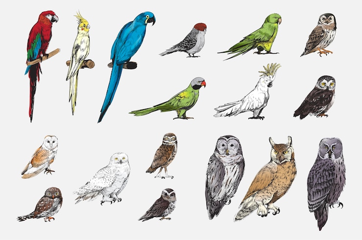 Vettore gratuito stile di disegno dell'illustrazione della raccolta degli uccelli del pappagallo