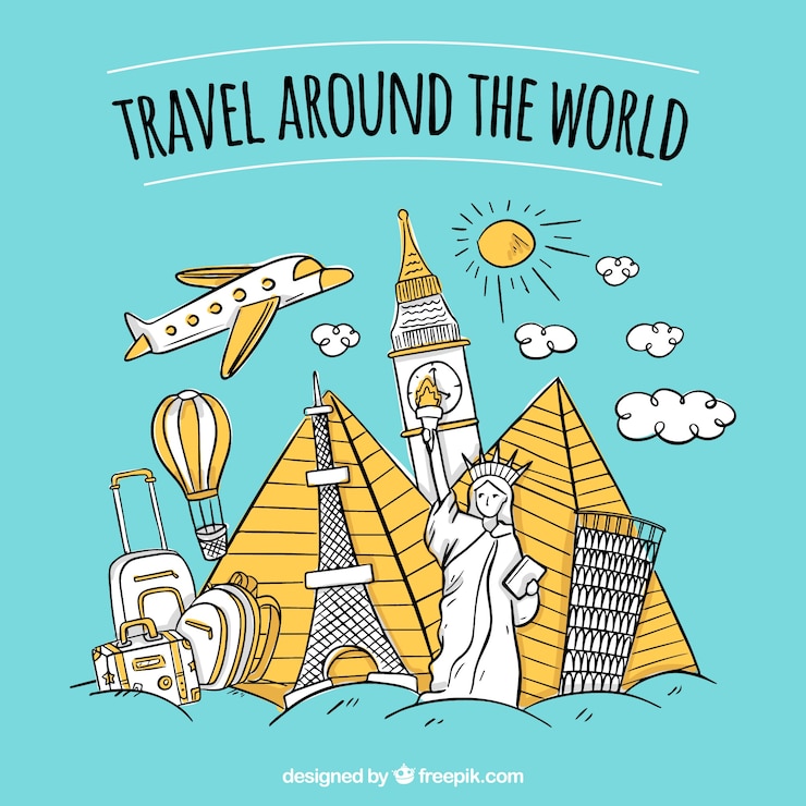 Vettore gratuito stile disegnato di fondo di viaggio a disposizione