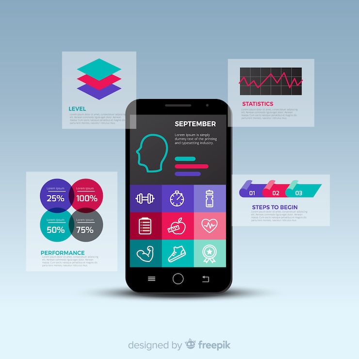 Vettore gratuito stile piano di infografica mobile app fitness modello