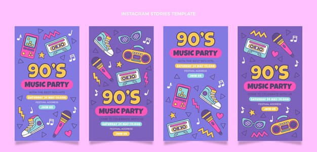 Storie di instagram del festival musicale degli anni '90 disegnate a mano