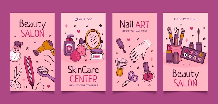 Vettore gratuito storie di instagram del salone di bellezza disegnate a mano