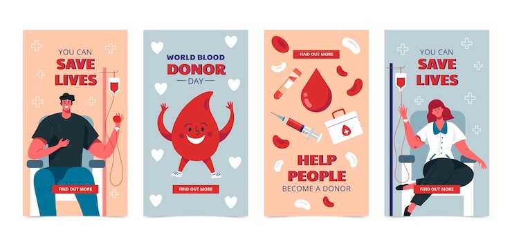 Vettore gratuito storie di instagram della giornata mondiale del donatore di sangue disegnate a mano