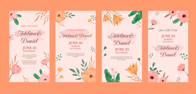 Storie di instagram di celebrazione del matrimonio floreale dell'acquerello