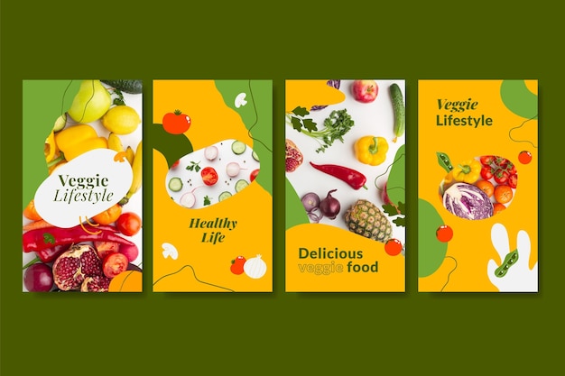 Storie di instagram di cibo vegetariano di design piatto disegnato a mano