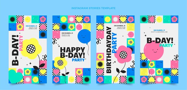 Storie di instagram di compleanno di mosaico di design piatto