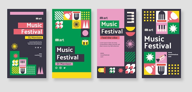Storie di instagram di festival di musica di mosaico di design piatto