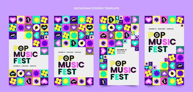 Storie di instagram di festival di musica di mosaico di design piatto