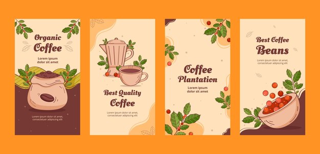 Storie di instagram di piantagioni di caffè disegnate a mano