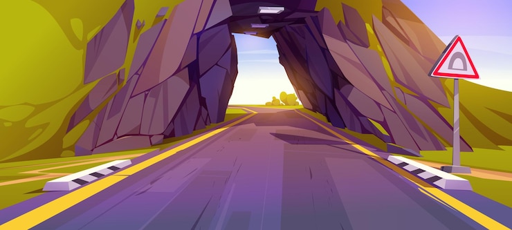 Vettore gratuito strada del fumetto che passa attraverso il tunnel in montagna