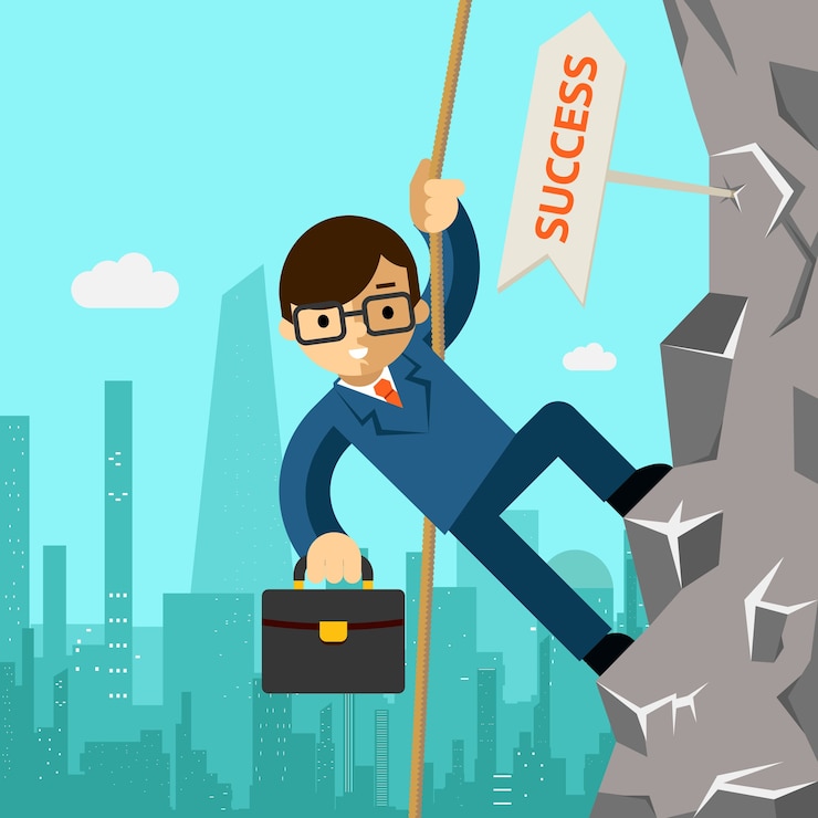 Vettore gratuito strada verso il successo. l'uomo d'affari aspira alla leadership. uomo che si arrampica sulla roccia. illustrazione vettoriale
