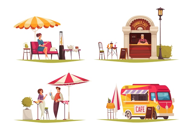 Street cafe 4 composizioni di cartoni animati con ristorante servizio all'aperto ombrellone ombrellone bevande rinfrescanti dessert illustrazione bus