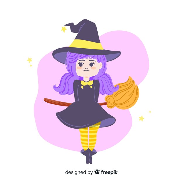 Strega di halloween carino con capelli viola e scopa