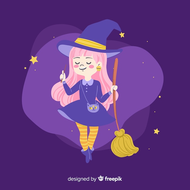 Strega di halloween carino con i capelli rosa