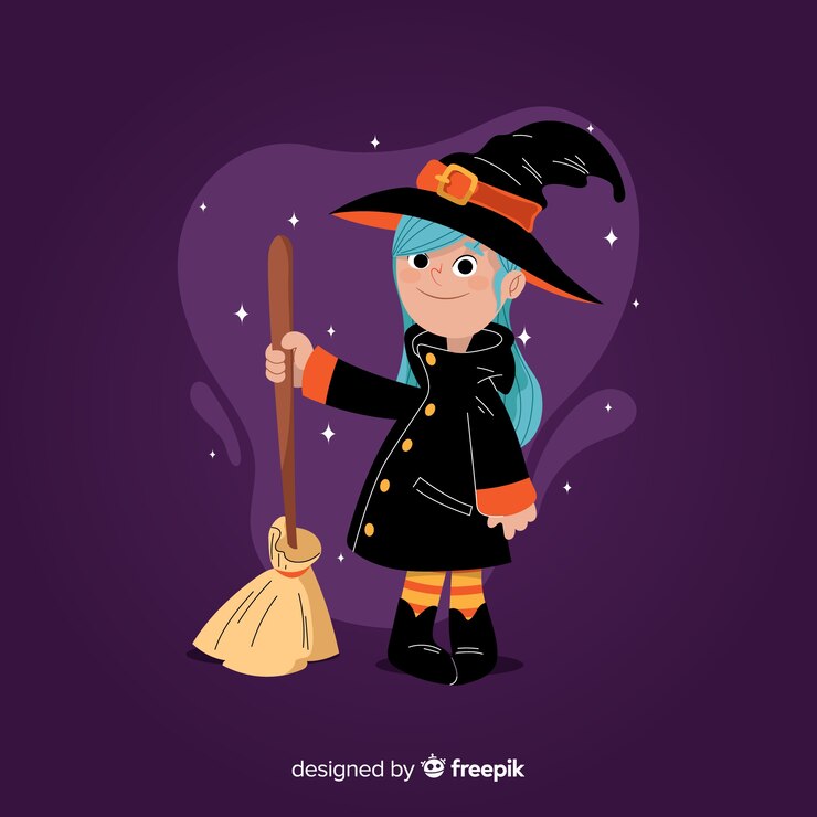 Vettore gratuito strega di halloween carino con la scopa