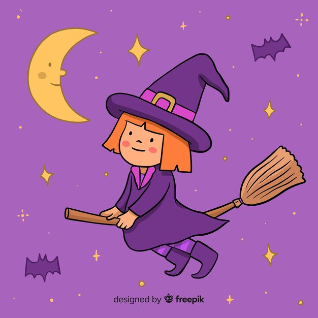 Strega di halloween carino su una scopa