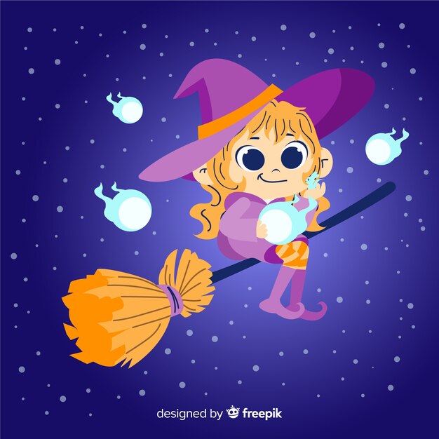 Strega di halloween carino sulla scopa