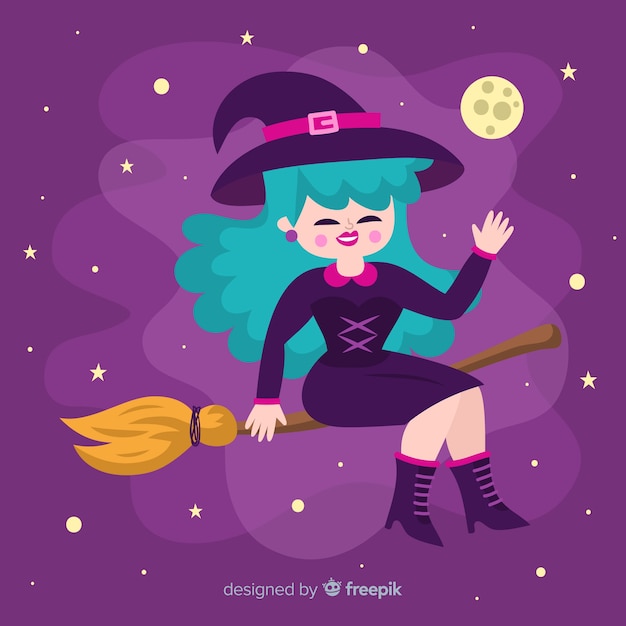 Strega di halloween carino sulla scopa