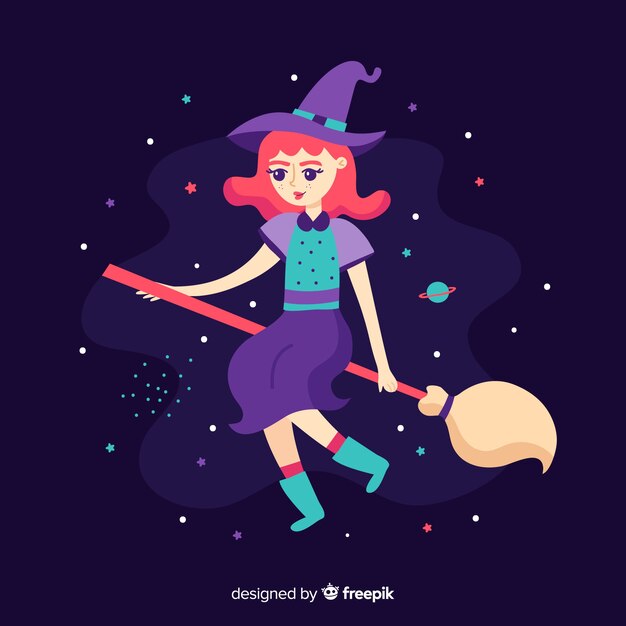 Strega di halloween carino sulla scopa