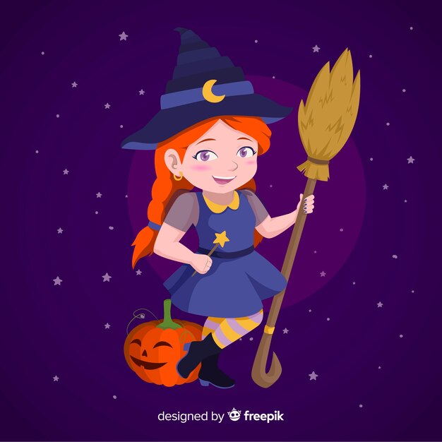 Strega sveglia della bambina con una zucca