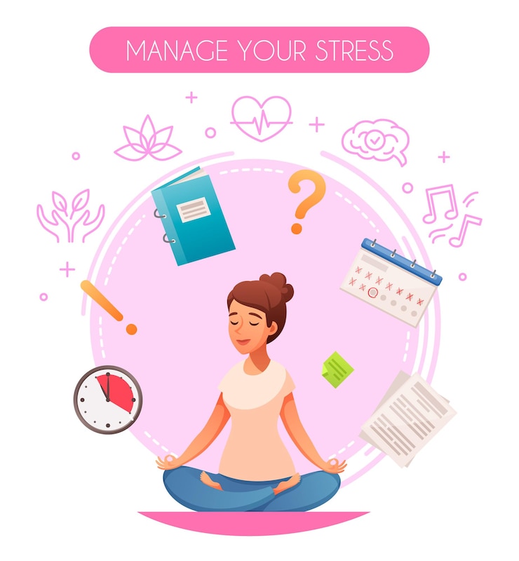 Vettore gratuito stress da stile di vita sano che gestisce la composizione circolare dei cartoni animati con la meditazione musicale nella posa del loto yoga