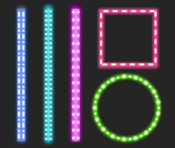 Vettore gratuito strisce led, nastri di luce al neon, bordi e cornici