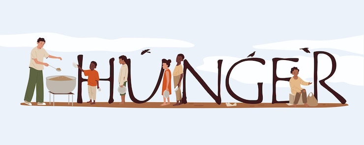 Vettore gratuito striscione di testo piatto con sfondo colorato e personaggi di bambini affamati e uomo che dà loro illustrazione vettoriale di cibo