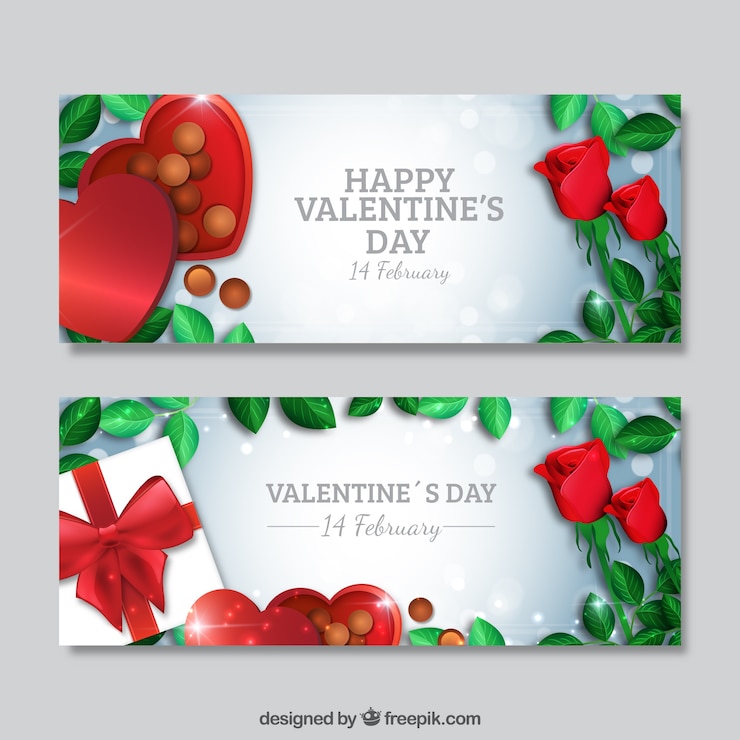 Vettore gratuito striscioni san valentino con cioccolatini e rose