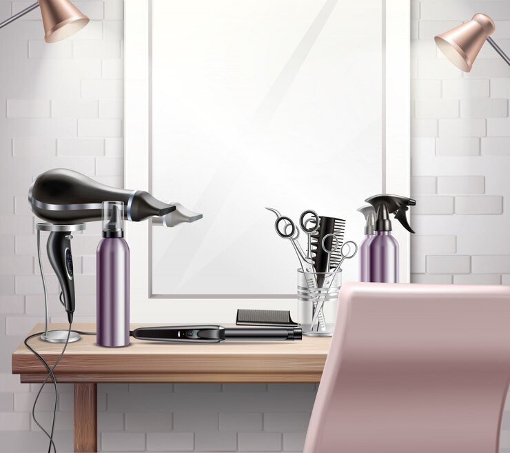 Vettore gratuito strumenti per parrucchieri per composizione acconciatura e taglio di capelli con specchio realistico
