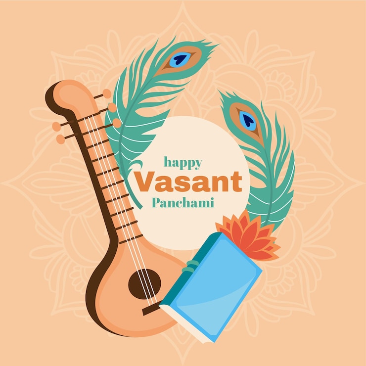 Vettore gratuito strumento musicale e piume vasant panchami