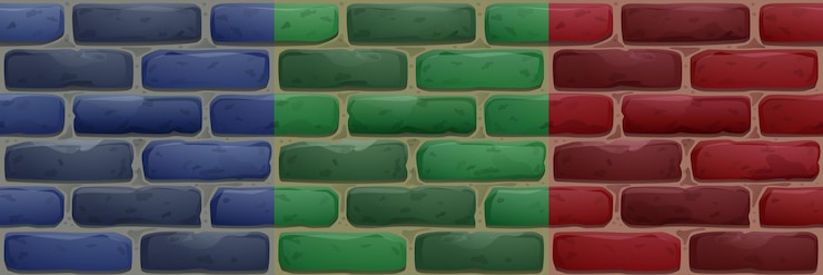 Vettore gratuito struttura della facciata della casa del muro di mattoni per l'interfaccia di gioco modelli senza cuciture del fumetto di vettore della muratura dell'annata della muratura con i blocchi di pietra e il cemento blu verdi e rossi