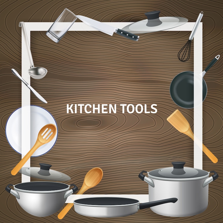 Vettore gratuito struttura quadrata decorativa bianca con gli strumenti realistici della cucina sull'illustrazione di legno di struttura