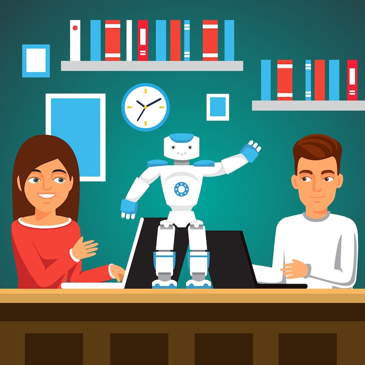 Vettore gratuito studenti che programmano robot bipede umanoide
