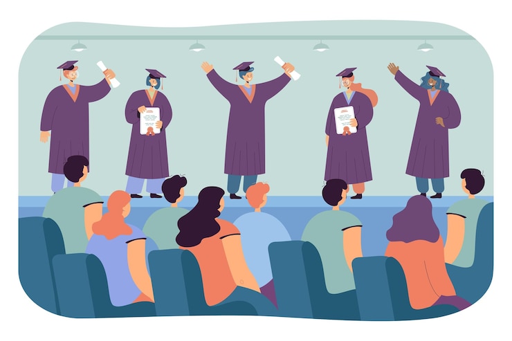 Vettore gratuito studenti con diplomi alla cerimonia di laurea. giovani con cappelli di laurea e certificati illustrazione vettoriale piatta. laurea, concetto di istruzione per banner, progettazione di siti web o pagina web di destinazione