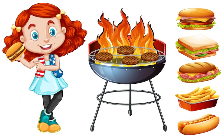 Vettore gratuito stufa di ragazza e grill con illustrazione di cibo
