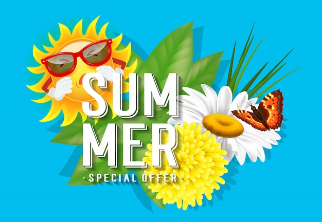 Summer Special offerta lettering. Iscrizione di consumismo con foglie, fiori