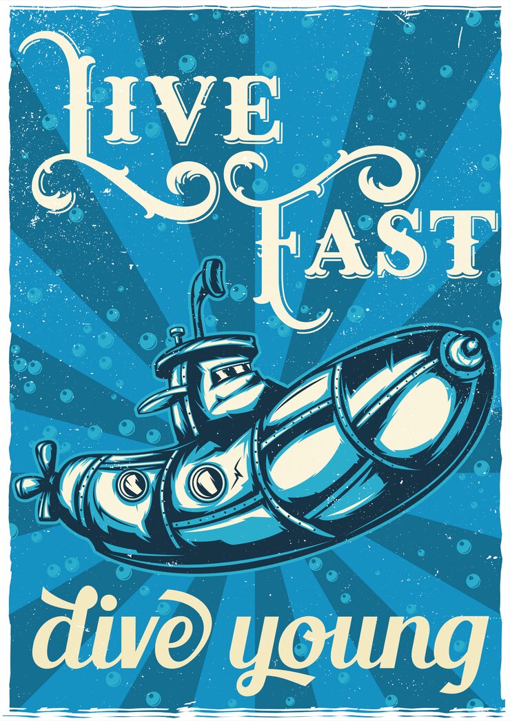 Vettore gratuito t-shirt o poster design con illustrazione di divertente sottomarino