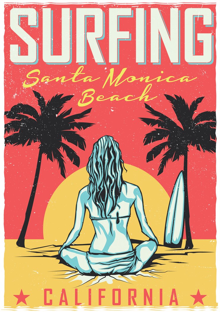 Vettore gratuito t-shirt o poster design con illustrazione di ragazza con tavola da surf