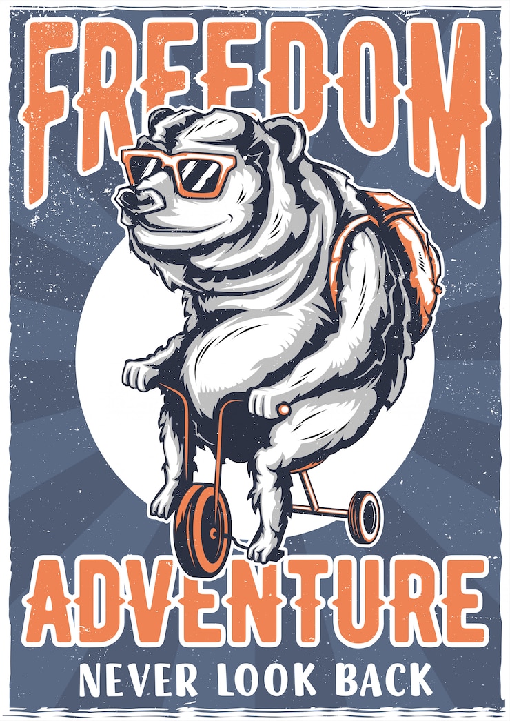 Vettore gratuito t-shirt o poster design con illustrazione di un orso in bicicletta