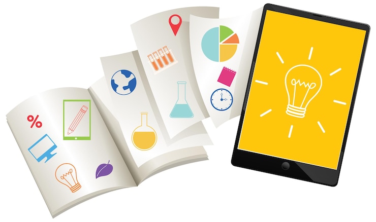 Vettore gratuito tablet con libri per l'apprendimento online